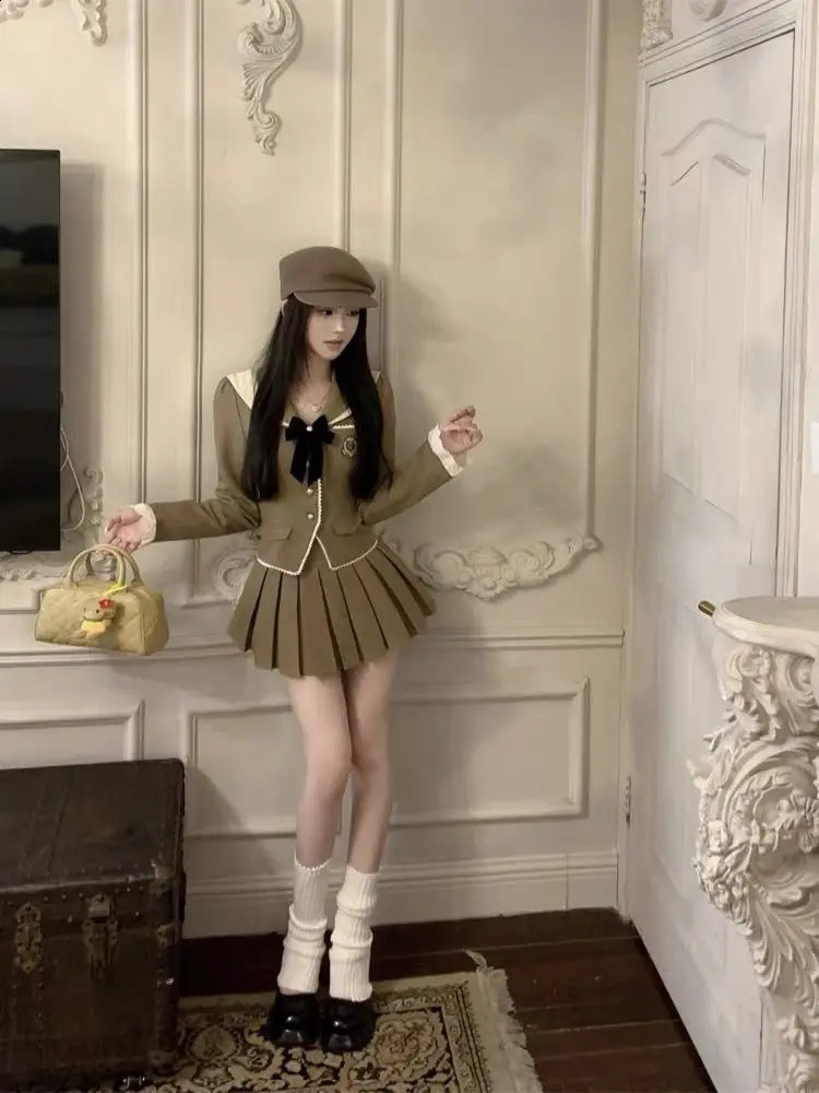 Women Two-piece College Style Short Style Stylish Suit Jacket with High Waist and Slimming Pleated Skirt Age Reducing Set 240823
