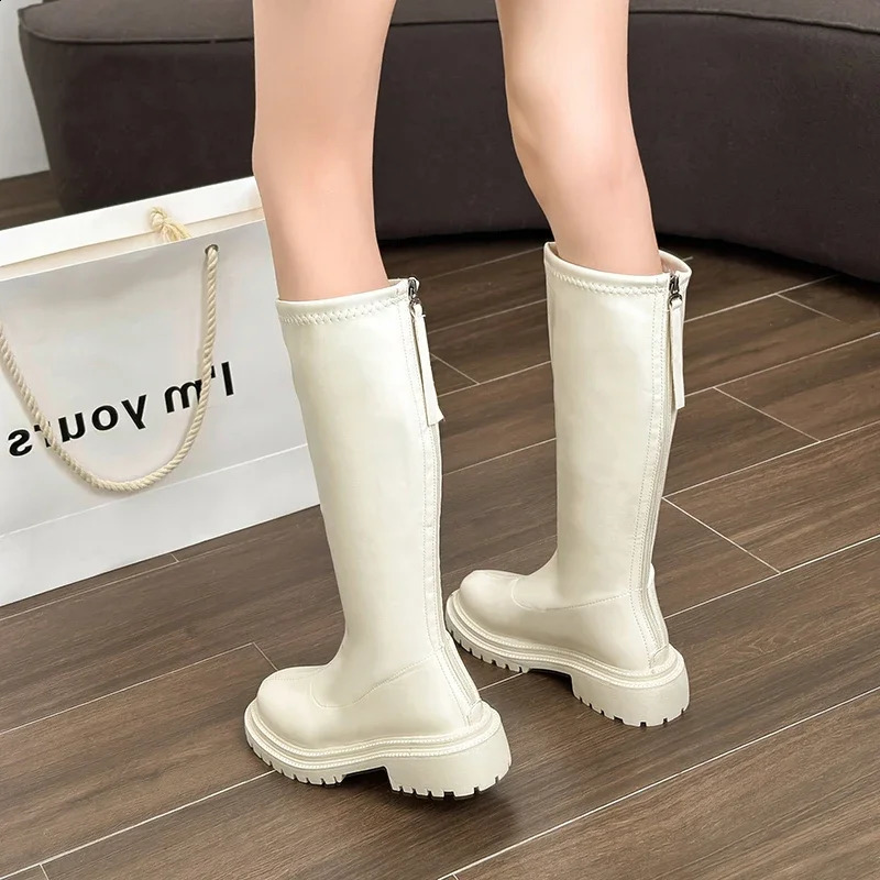 Autumn and Winter Warm Fur Womens Knee High Boots Fashionable and Elegant Strap Zipper Shoes Square Low Boots Womens Knight Long Boots 240823