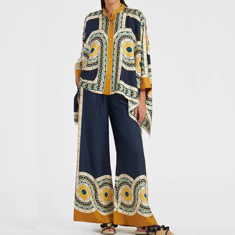 Women 2pcs fashion designer button long sleeved top shirt and pants set for women elegant pattern printed loose suit casual wide leg 2PC