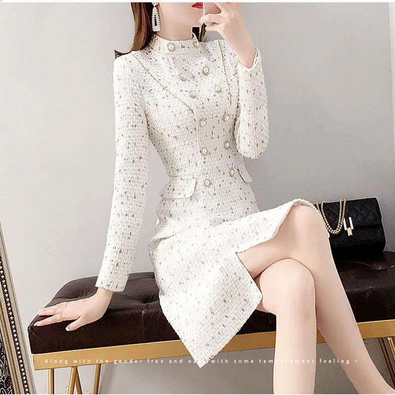 Arrival Fitted Elegant Women Dress Pearl Button Tweed Dress Sexy Split Long Sleeve With Belt Pencil Dress Plus Size S-XXL 240824