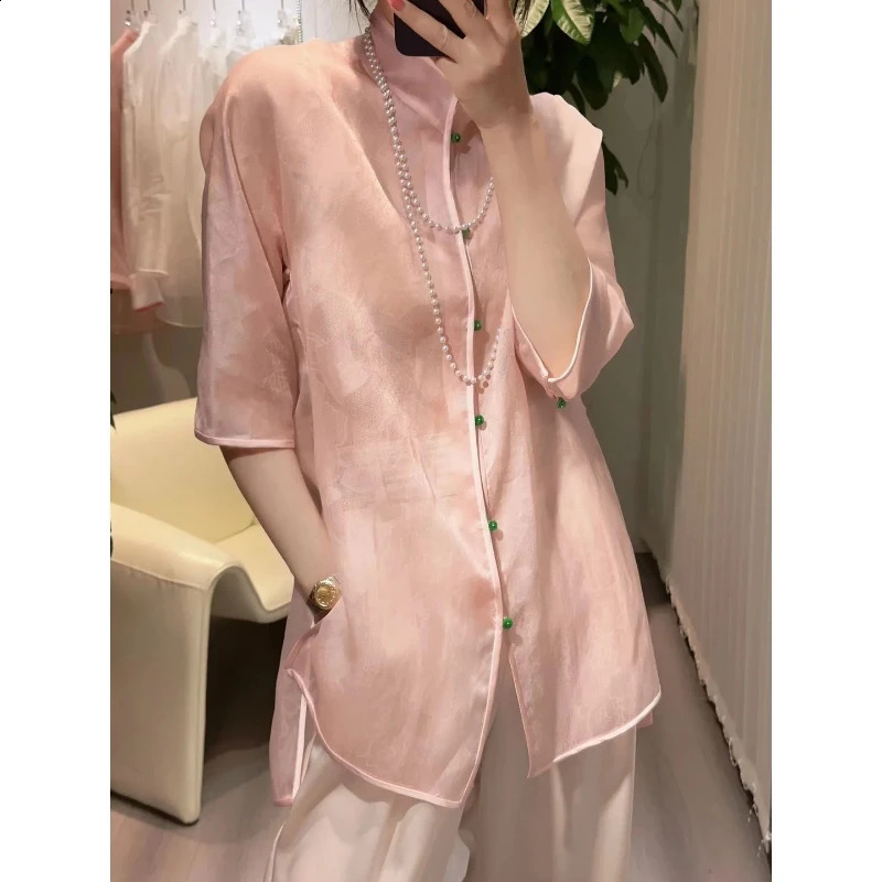 Spring and Autumn Chinese Style Minimalist Fashion Mid to Long Blouses Stand Up Collar Solid Color Button Womens Shirt Top 240823