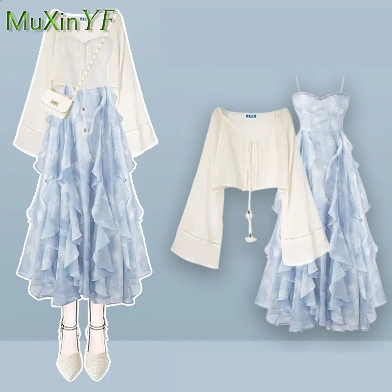 Womens Summer Dress Matching Set Korean Elegant Loose Sunscreen ShirtSling Skirt Two Piece Female Chic Clothing Suit 240823