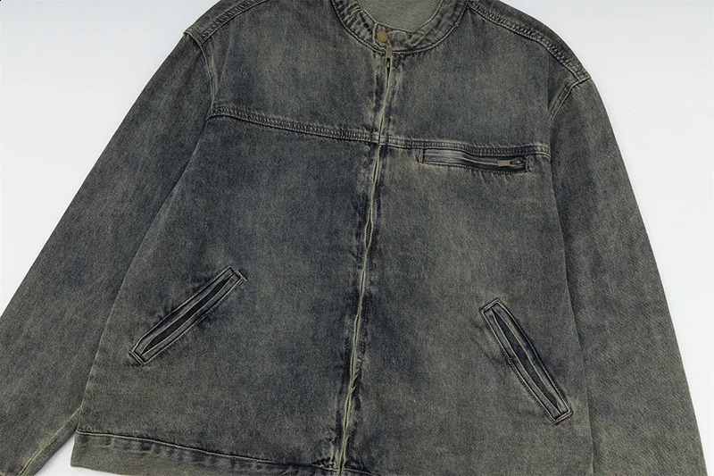 Japanese washed denim jacket mens and womens loose zipper top street retro casual spring 240824