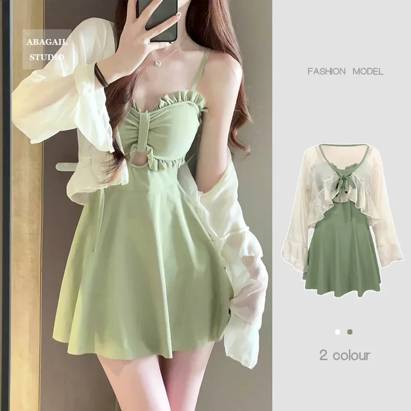 Ins Style Plus Size Sweet Cute Halter Bikinis Swimsuit Aesthetics Onsen Conservative Swimwear Tow Piece Suits Ruffles Skirts 240823
