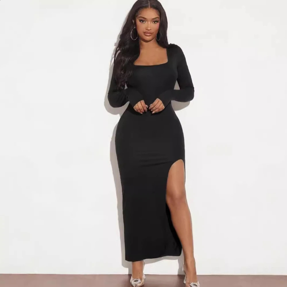 Autumn Fashionable Temperament Square Neck Long Sleeved Solid Color Slit Sexy Slim Fit Dress 240823