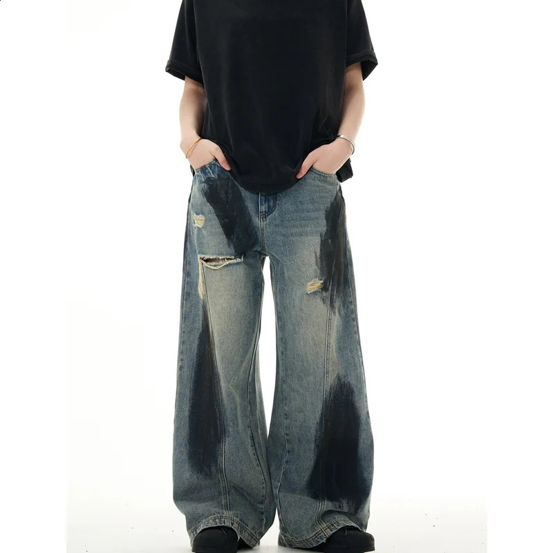 Vintage high waisted luggage jeans Y2k punk hiphop ripped Harajuku womens rock wide leg lazy pants streetwear 240823