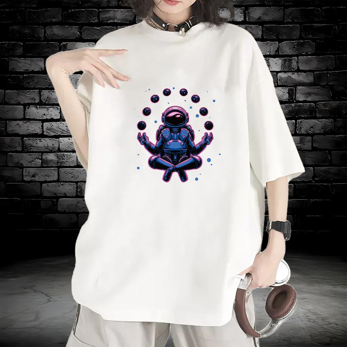 High quality Women Tees 100% Cotton 230g cosmonaut Beach T Shirt For Woman Round Neck Short Sleeve White Plus Size Clothes Shirt