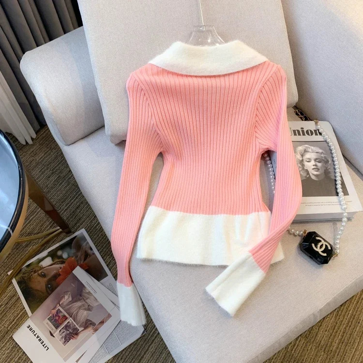 KUSAHIKI Autumn Sweet Spicy Slim Fit Knitted Sweater Jacket contrast Color Sexy Zipper Knitwear Coat Top 240824