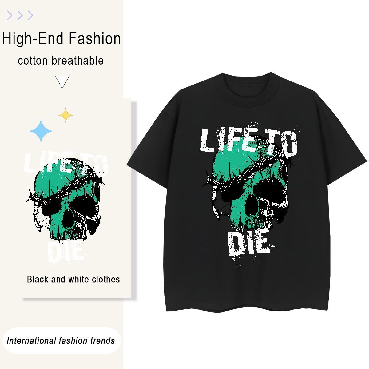 Brand T Shirts Men 100% Cotton 230g skull Casual Beach Cartoon Print O-Neck Short Sleeve Men Clothes T-Shirt Custom Tops