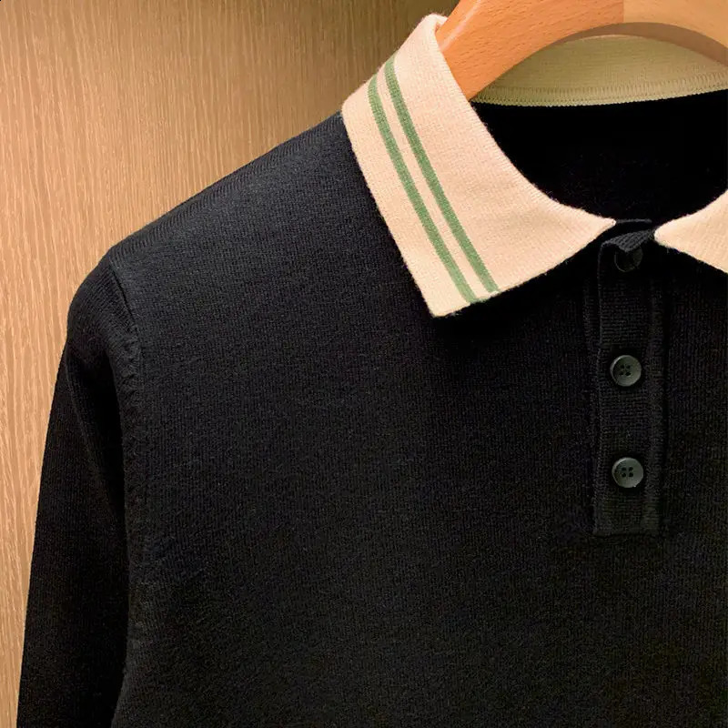 Korean Fashion Men Polo Shirts Long Sleeve Knitted Turn-down Collar T-shirts Patchwork Slim Casual Tops 240824