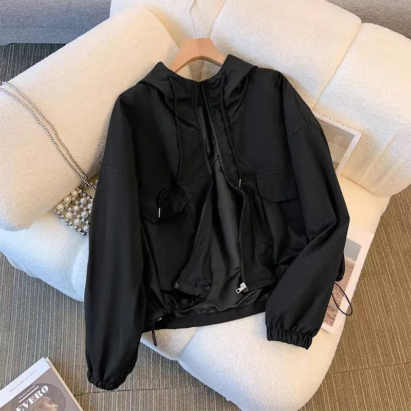 Y2K Autumn Cargo Jackets Women Fashion Loose Streetwear Hooded Zipper Windbreaker Bf Korean Solid Chic All-Match Crop Coats 240823