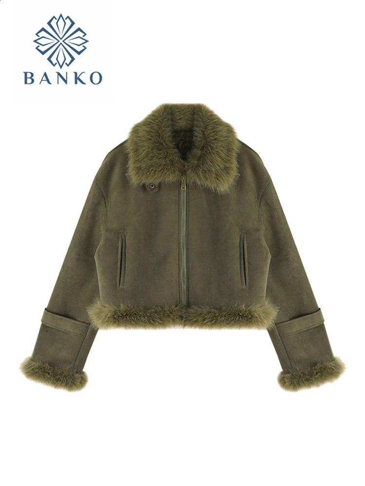 American Retro Woolen Coat TurnDown Collar Vintage Long Sleeve Green Leather Jacket Cozy Outerwear High Street Autumn Winter 240823