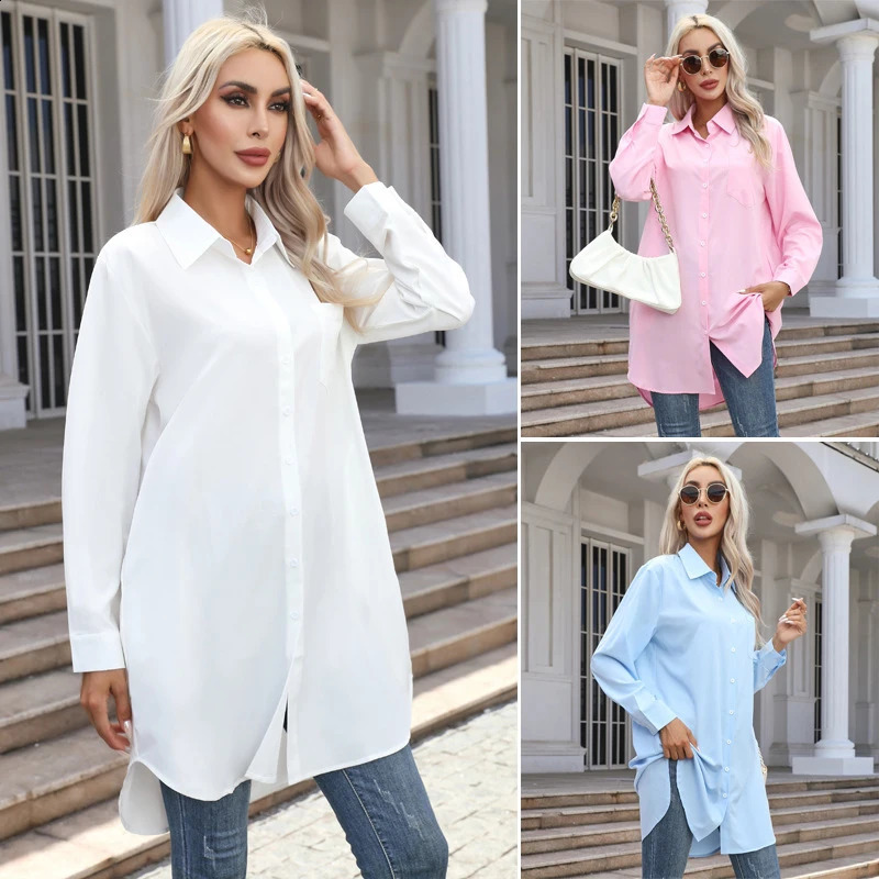 Women European and American solid color lapels loose casual fashion temperament commuting versatile long-sleeved shirt white L 240823