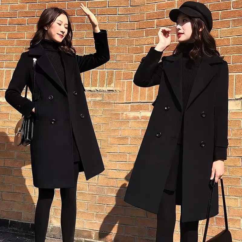 Women Autumn Winter Black Woolen Coat Female Suit Collar Korean Fashion Wool Blend Overcoat Mid Length Add Cotton Warm Jacket 240823