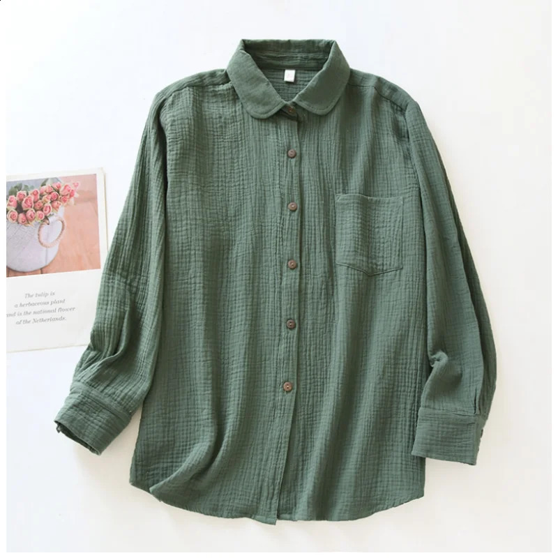 Retro 100 Cotton Shirt Blouses For Women Fashion Casual Turn Down Collar Long Sleeve Top Blusas Mujer Gratis 240823