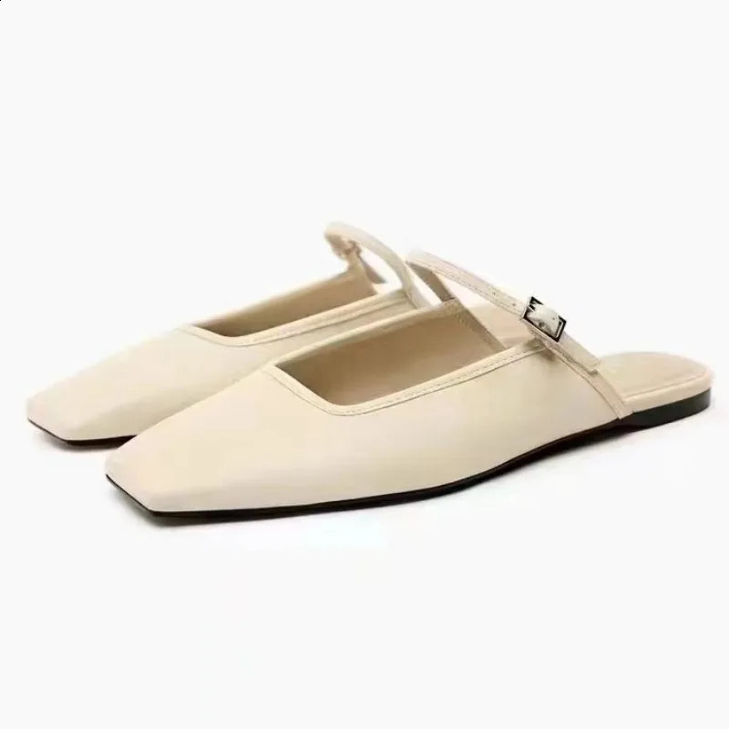 Summer Flat Shoes for Women 2024 Square Lace Breathable Satin Casual Strap Fashion Mule Shoes 240823