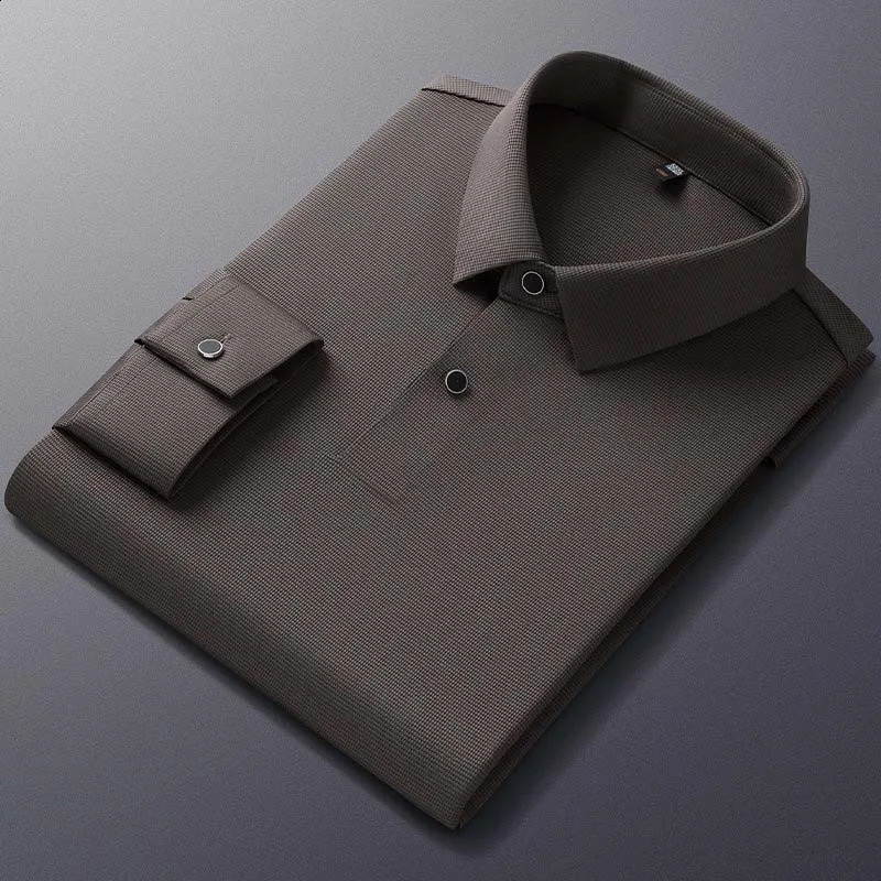 Mens polo shirt long sleeved highquality lapel seamless high elasticity top casual slim fit mens clothing 240823