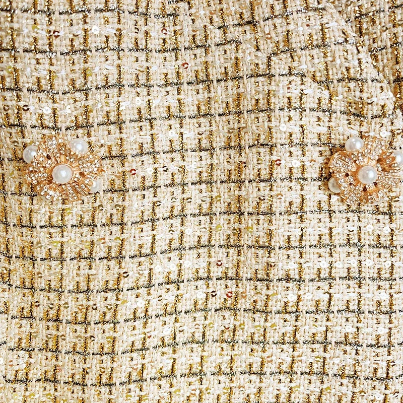y2k clothes Gold diamond button dress with coarse tweed lapel collarbone double row short early autumn socialite 240824