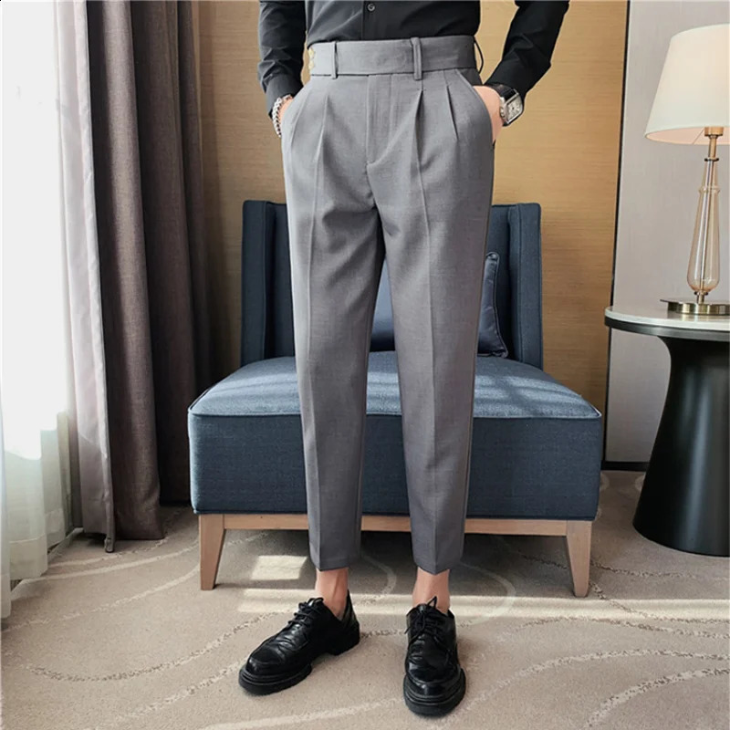 British Style Twill Pleat Naples High Waist Casual Trousers Fashion Man Slim Simple Social Party Suit Pant Plus Size 38 240820