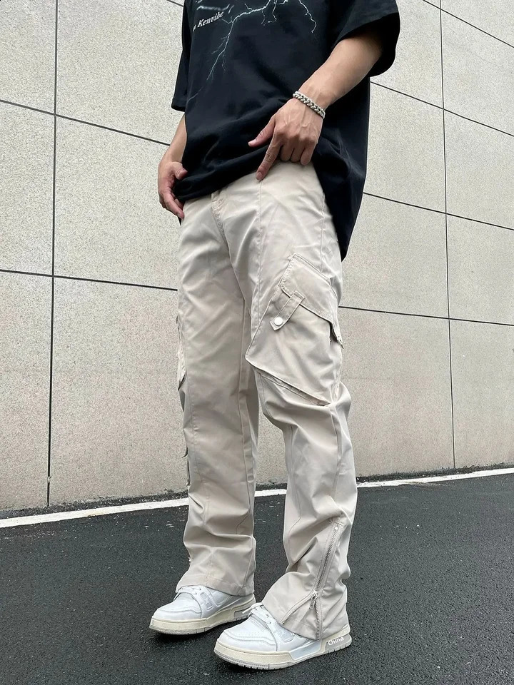 Mens Loose Straight Leg Casual Pants American Style High Street Vibe Zipper Cargo Misty Wind 240823