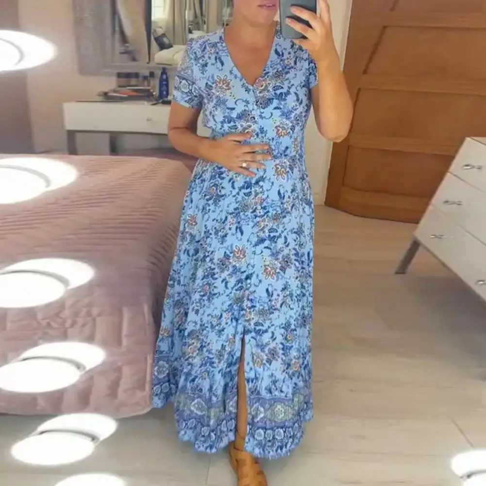 Basic Casual Dresses Floral Printed Dress Floral Print V Neck Maxi Dress with Ruffle Edge High Waist A-line Silhouette for Dating or Beach Ankle Y2405