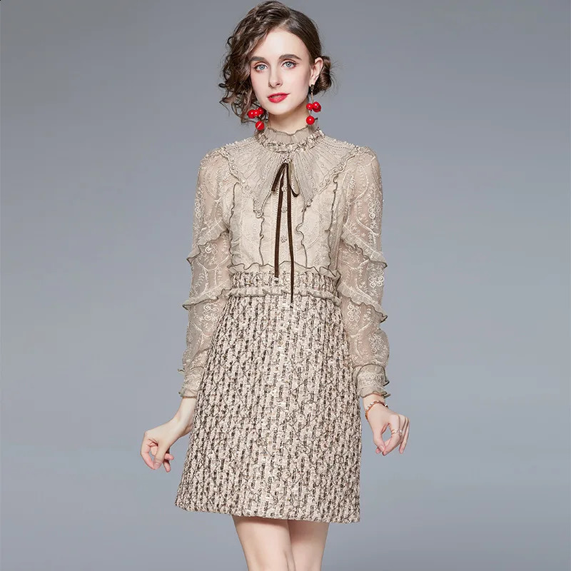 BRANGDY Heavy Industry Beads Embroidered Ruffled Lace Sleeve Stitching Sequins Tweed Dress Womens Clothing Spring and Autumn 240824