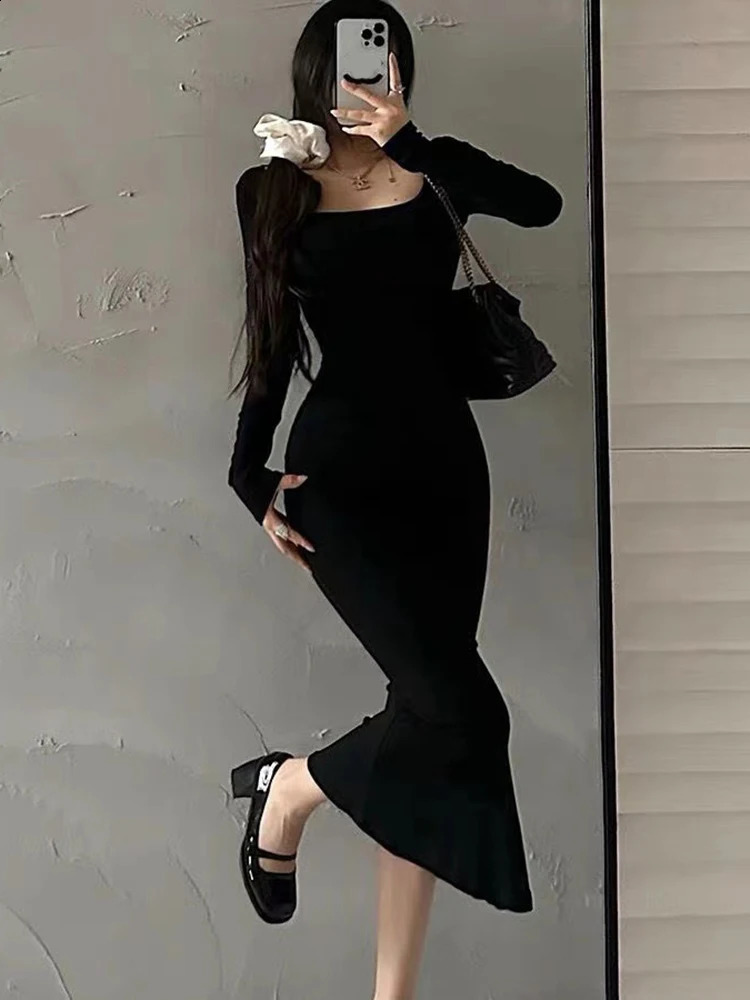 Ribbed Solid Long Sleeve Square Neck Skinny Bodycon Dress Women Autumn Sexy Evening Party Elegant Vestido Ladies Long Dresses 240823