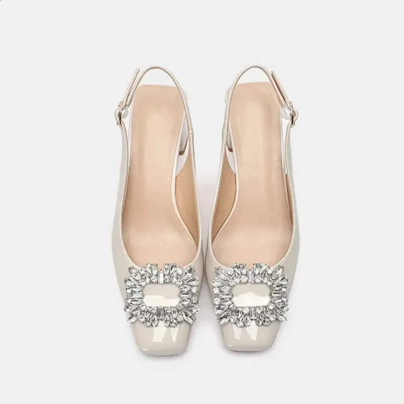Nude sandals womens patent thick leather heel toe 2024 spring/summer item small square toe rhinestone French single shoe 240823