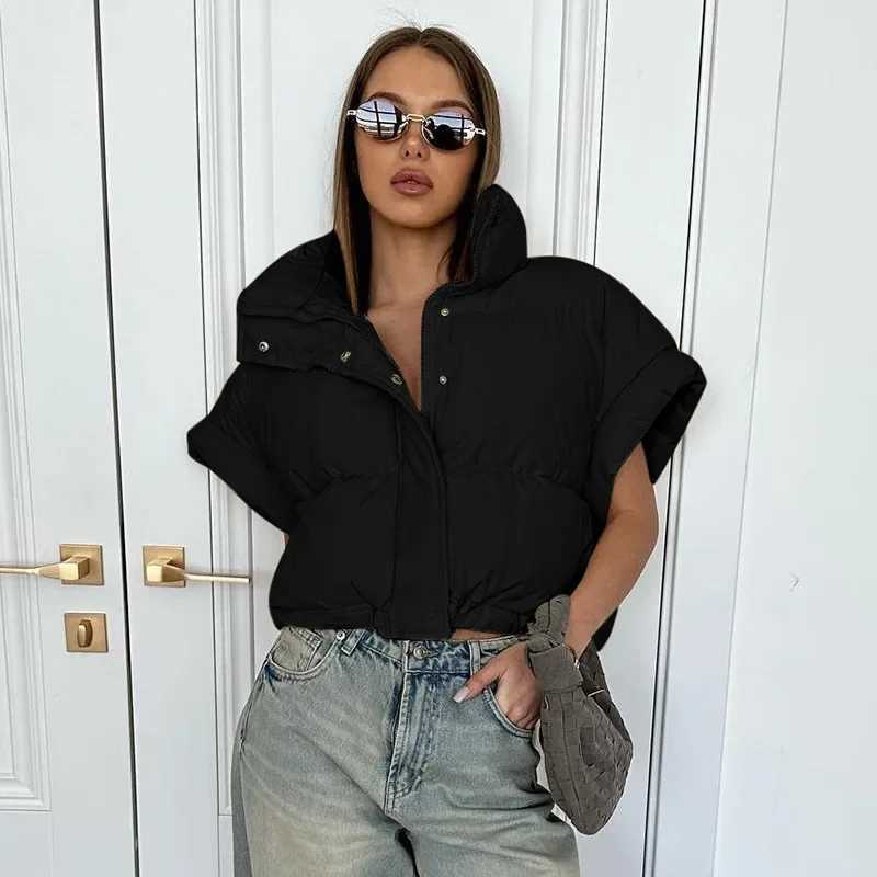 Women's Down Parkas Fashion Women Short Slve Zipper Button Puffer Jacket Vest Warm Bubble Coats Drawstring Parkas Down Stand Collar Crop Jackets 