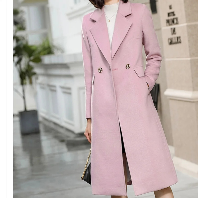 Winter wool blend womens coat with grooved pockets solid streetwear lapel jacket lining medium length womens windproof jacket S-3XL 240824