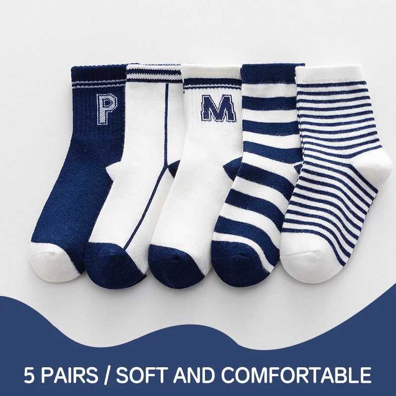 5 Pairs Kids Socks Spring Autumn Newborn Baby Boy Cotton Socks College Style Fadeless Soft Childrens Sports Socks 0-14Years CL240824
