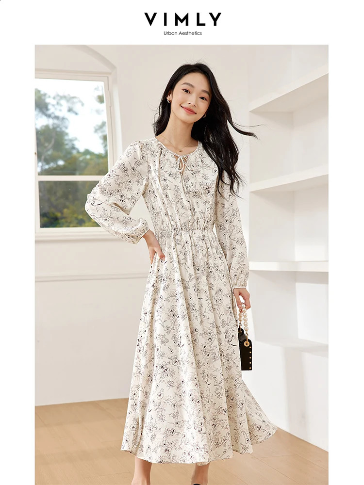 VIMLY Womens Elegant Long Sleeve Floral Print V-neck Casual Dress A-Line Knee-Length Elastic Waist Spring Autumn A-Line Dress 240824