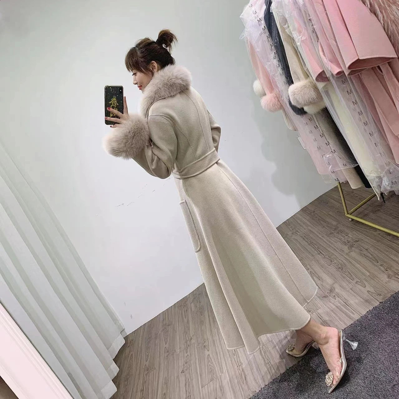 2024 Real Fur Coat Winter Jacket Womens Natural Fox Fur Collar Cuff Long Wool Blended Womens Warm Thick Coat 240824