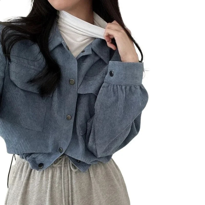 Chic Korean Vintage Simple Lapel Cropped Long Sleeve Shirt Top Corduroy Loose Fit Jacket For Women Model 240823
