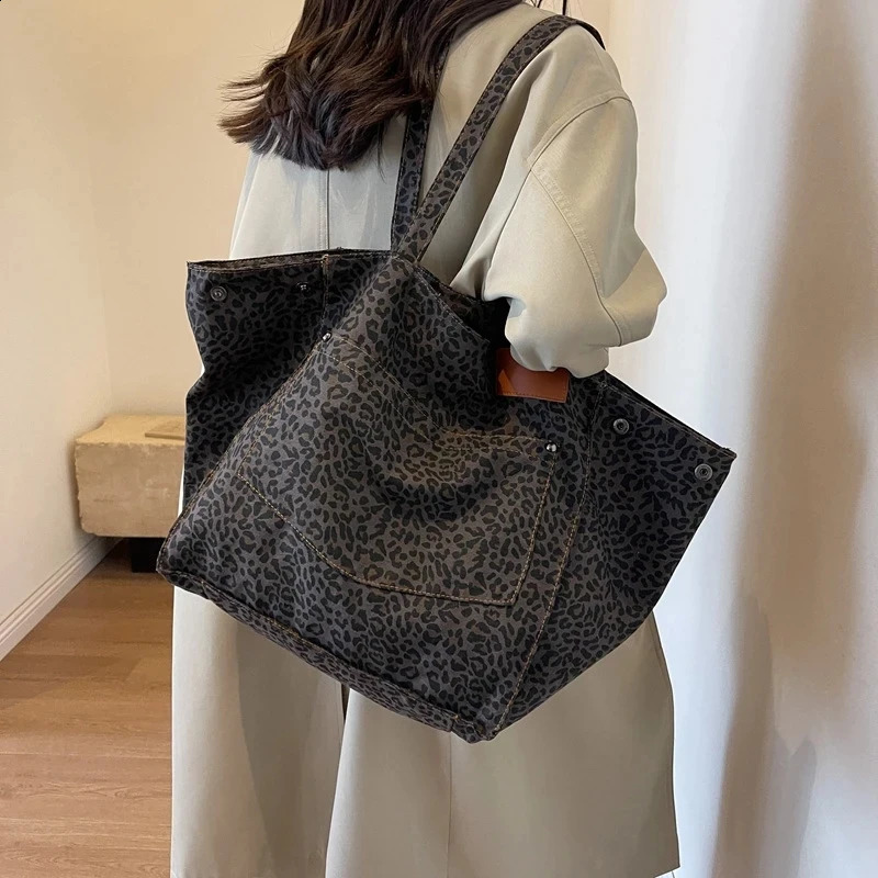 Oversized Leopard Prints Shoulder Bags For Women Deformable Canvas Large Capacity Shopping All Season y Handbags 240823