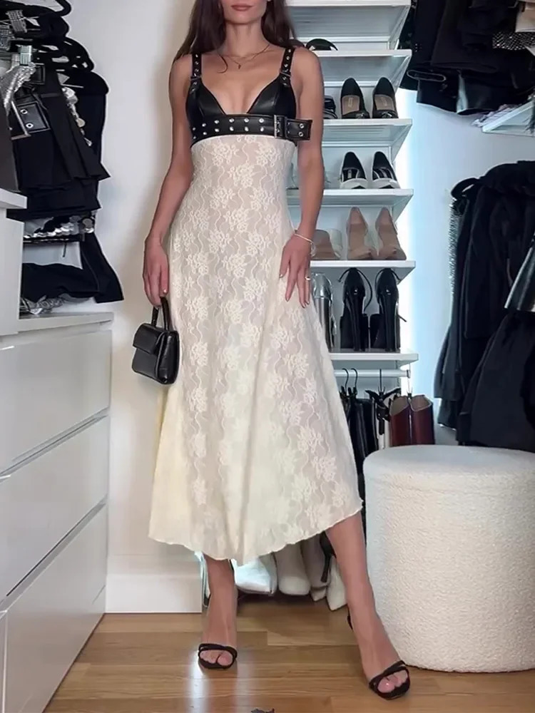 Leather Lace Deep V Neck Sleeveless High Waist Dresses Fashion Spliced Backless Slim Women Dress Female Elegant Summer Chic Robe 240823