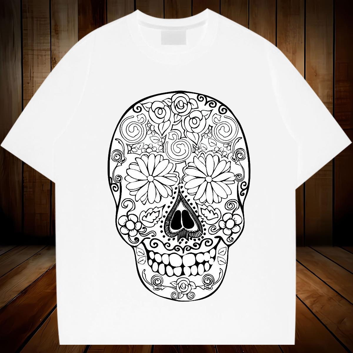 Loose T Shirts Men 230g Pure Cotton skull Casual Beach DIY Printed O Neck Short Sleeves Mens Tshirts Fashion Clothes