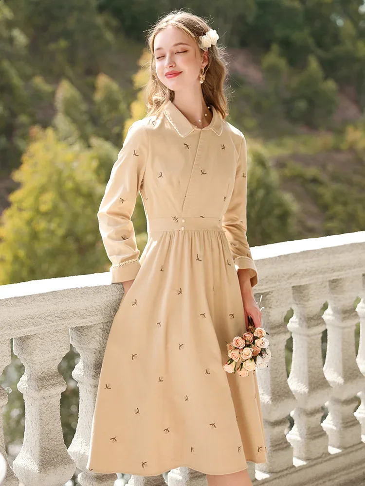 I BELIEVE YOU Cotton Womens Dresses French Embroidery Long Sleeve A-Line Winter Slim Temperament Dress 2234095346 240824