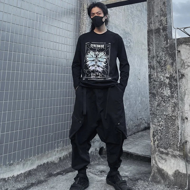 SpringAutumn Mens Punk Style Techwear Tshirt Y2K Technology Geometric Printed Long Sleeve Top Camisetas 240823