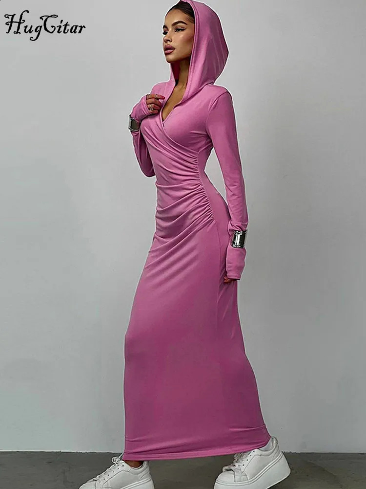 Hugcitar Solid Hoodies V Neck Long Sleeve Draped Sexy Slim Maxi Dress Winter Women Fashion Y2K Outfits Streetwear Party 240823