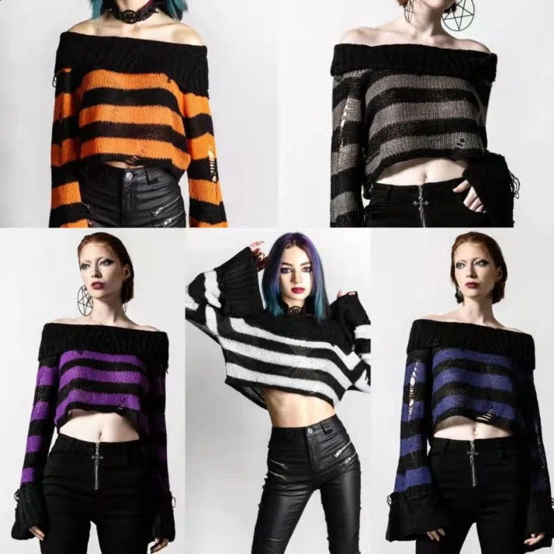 Deeptown Gothic Striped Cropped Women Knit Sweater Off Shoulder Y2K Hole Pullovers Harajuku Vintage Spring Punk Korean Fashion 240824
