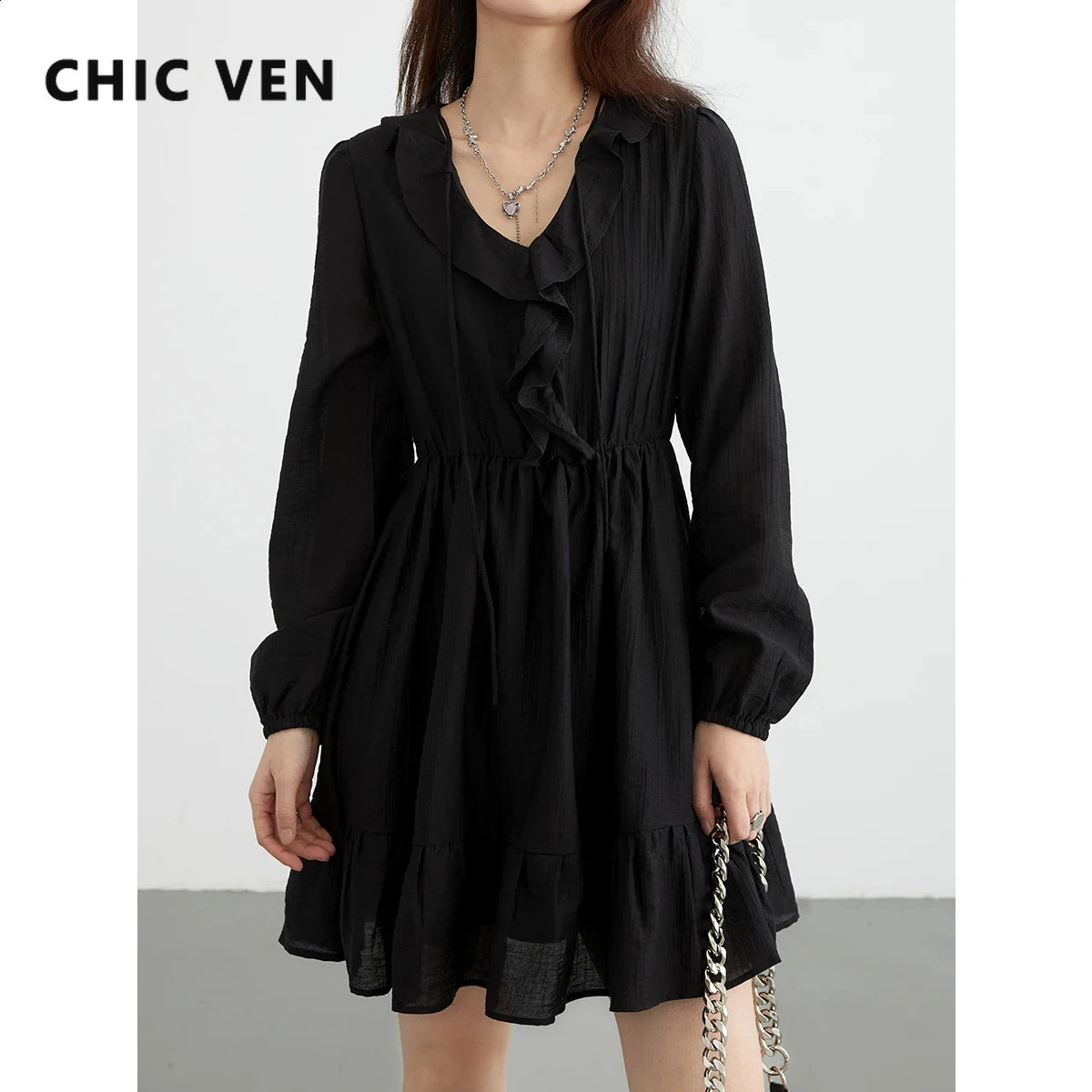 CHIC VEN Korean Women Dresses V-neck Loose Casual Ruffle Edge Mid Length A Line Female Pullover Dress Spring Autumn 240824
