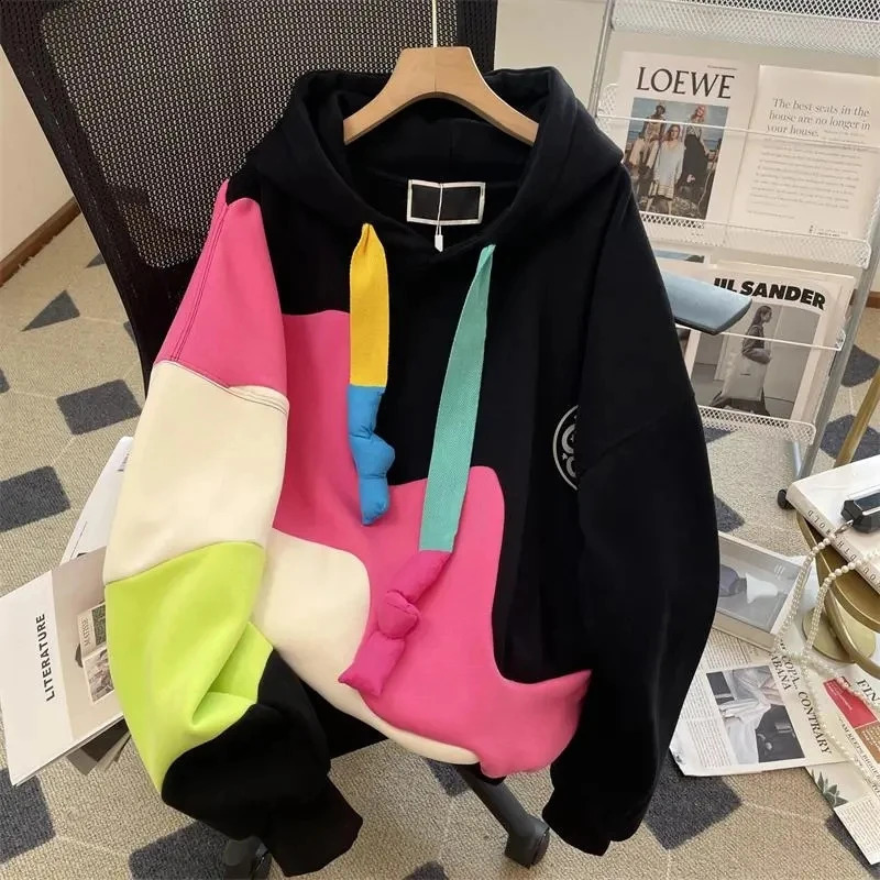 Fashion Color Patchwork College Style Womens Casual Versatile Hoodie Autumn Winter Thickened Lady Long Sleeved Hood Top 240824