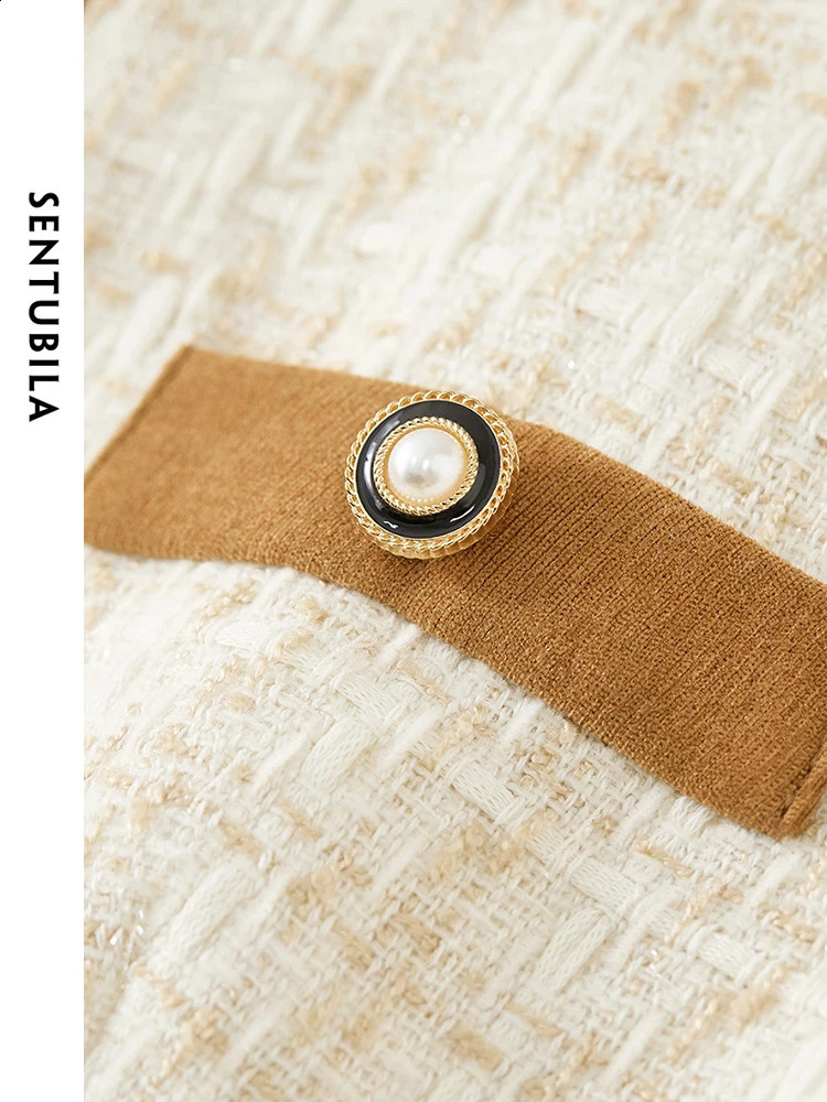 SENTUBILA Contrast Square Collar Straight Midi Dresses Spring Woman Elegant Long Sleeve Tweed Dress Clothes 134L52473 240824
