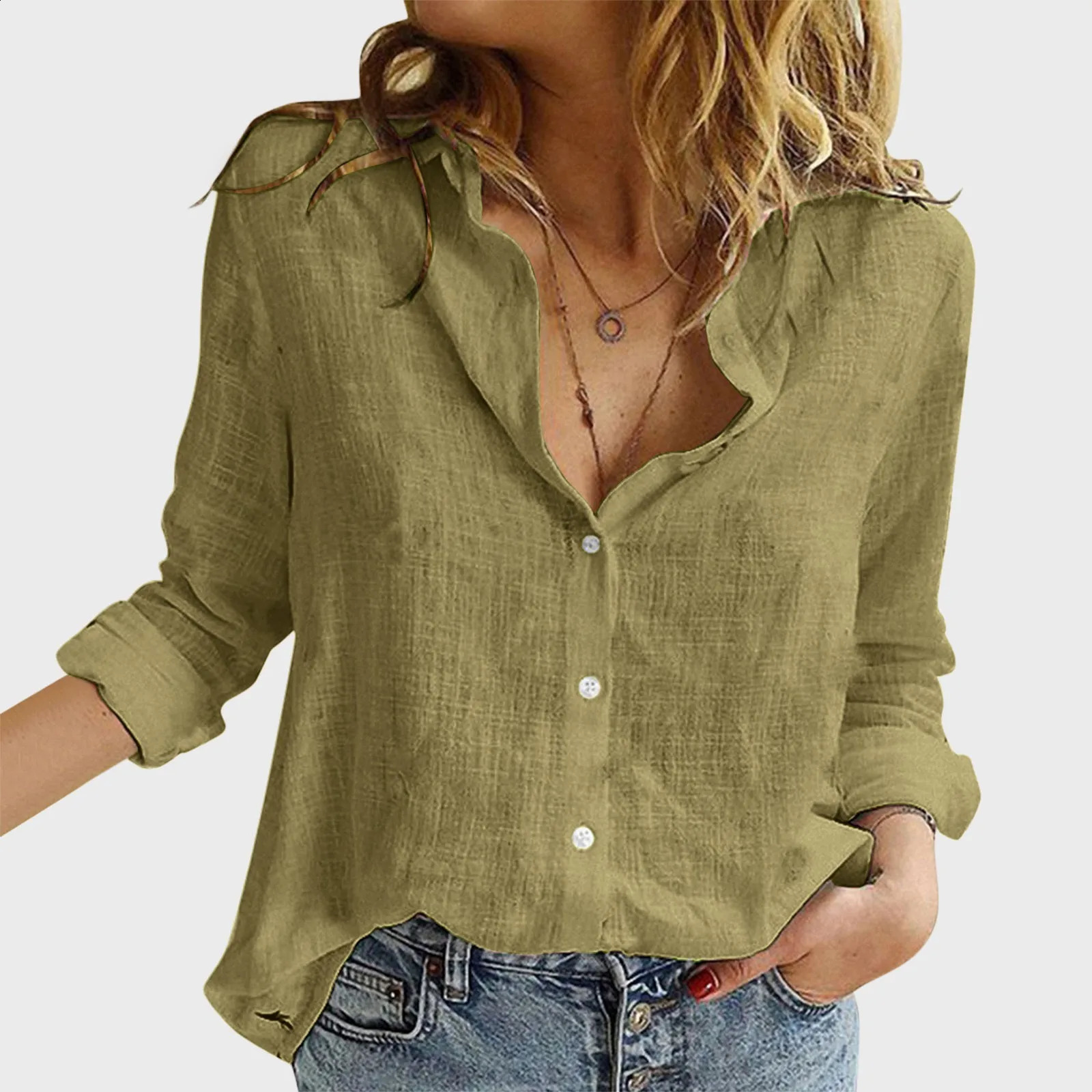 Solid Colour Shirt Womens Shirt Casual Loose Long Sleeve Shirt Blouse Fashion Korean V Neck Button Versatile Tops Blouse 240823
