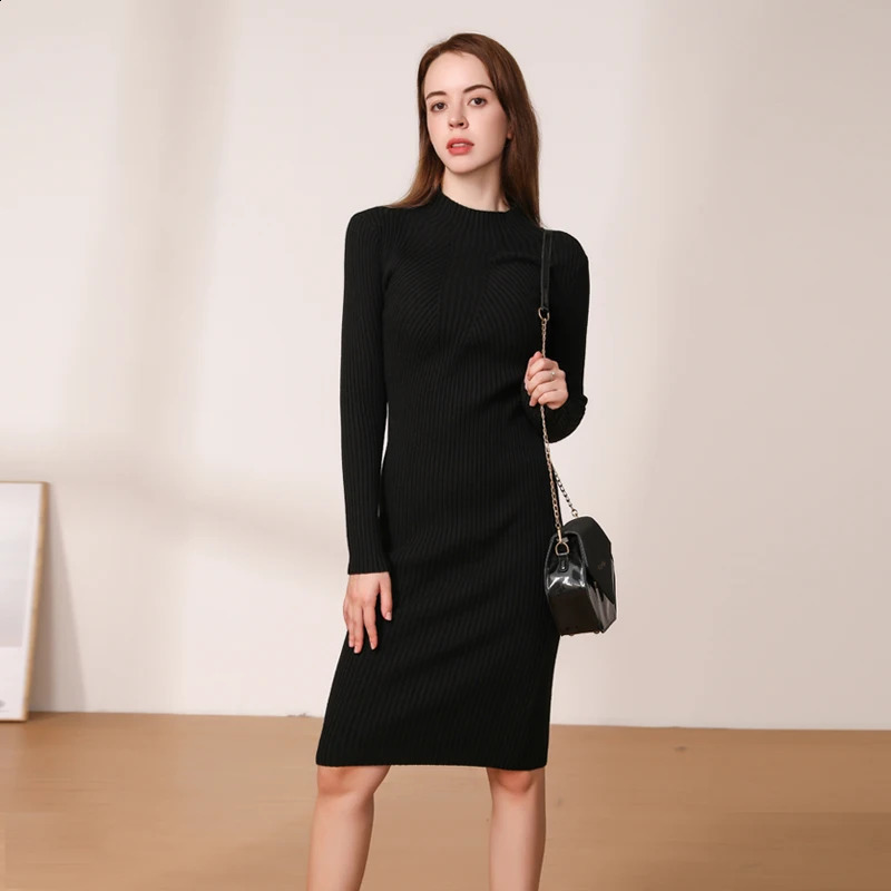 Midi Dress Winter Knitted Sweater Casual Womens Dresses Ladies Clothing Clothes Korean Fashion Robe Elegant Black Tight 240823