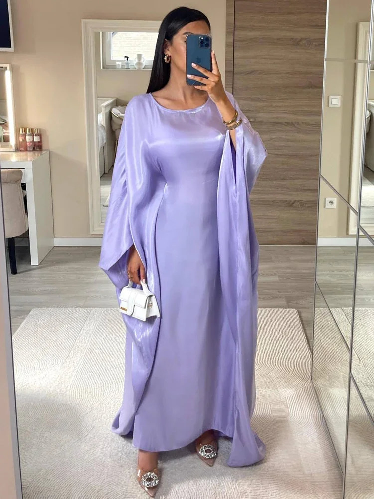 Tossy Autumn Loose Shiny Maxi Dress Womens Butterfly Batwing Long Sleeve Muslim Clothes Party Dress Solid Female Long Dress 240824
