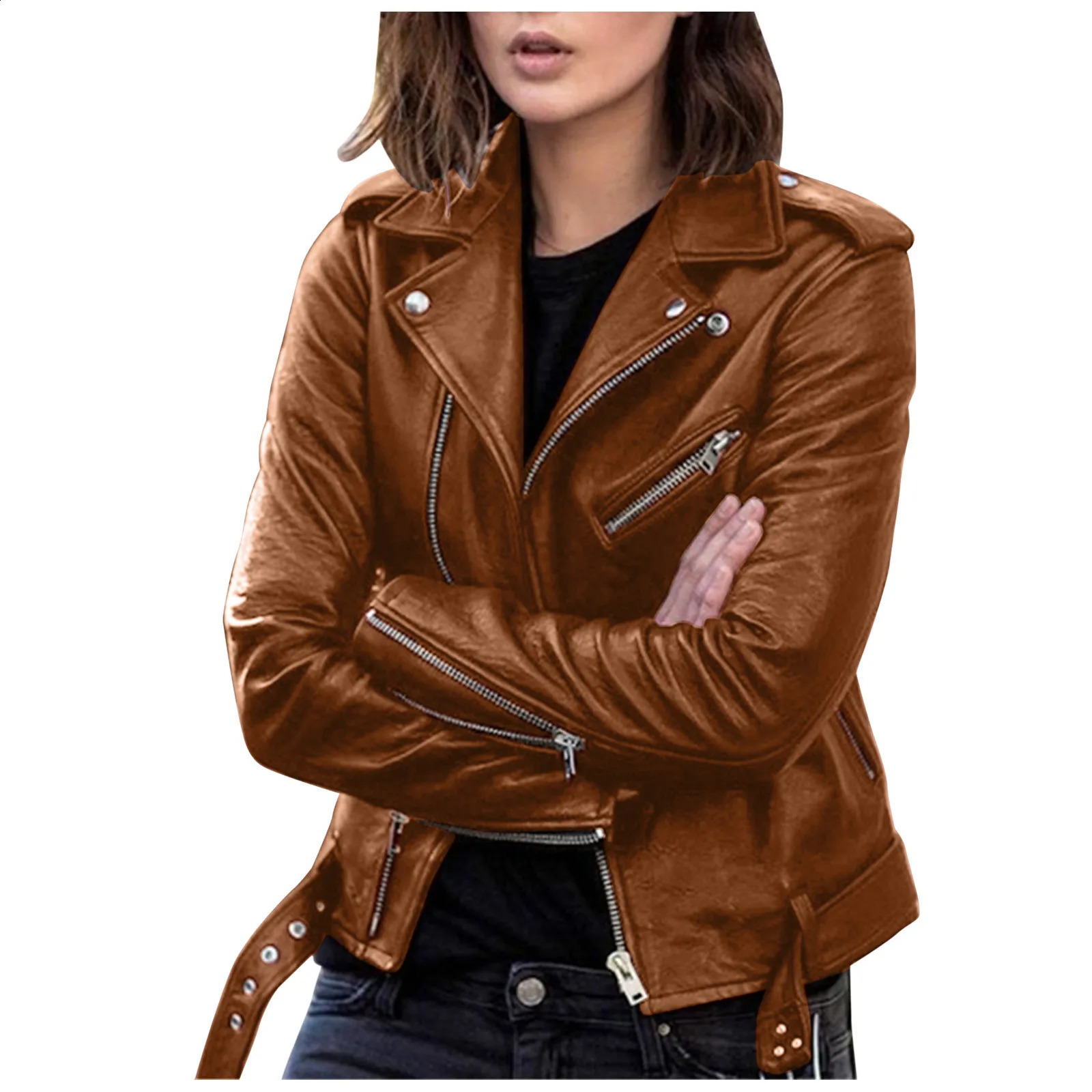 Women Plus Size Faux Leather Jacket Fashion Long Sleeve Zipper Motor Bike Cropped Coats Waistband Lapel Solid Bomber Jackets 5XL 240823