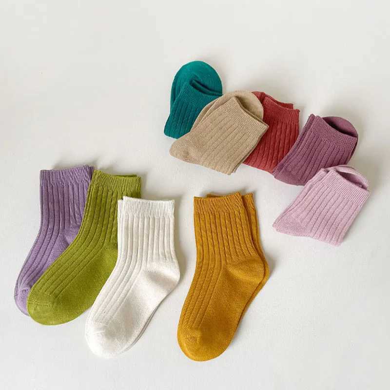 5 Pairs/Lot ChildrenS Socks Set Solid Color Double Needle Cotton Kids Mid-Tube Socks Candy Color Boys And Girls Student Socks CL240824