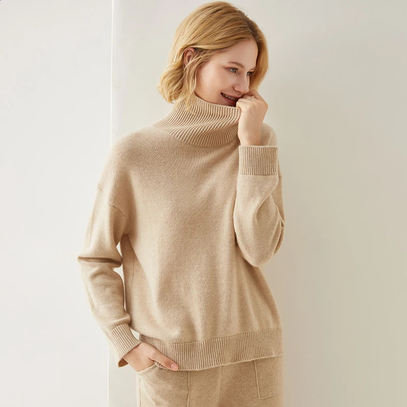 HSY Europe AutumnWinter Womens turtleneck Loose cashmere sweater Womens 100% pure cashmere knit long sleeve thickened sweater 240824